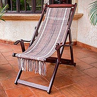 Recycled cotton blend hammock chair, 'Seaside' - Adjustable Frame Beige Recycled Cotton Blend Hammock Chair