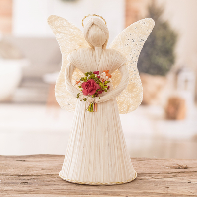 Natural fiber sculpture, 'Angel with Flowers' - Handcrafted Natural Fiber White Angel with Bouquet