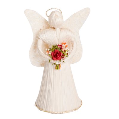 Skulptur aus Naturfaser - Handgefertigter weißer Engel aus Naturfaser mit Blumenstrauß