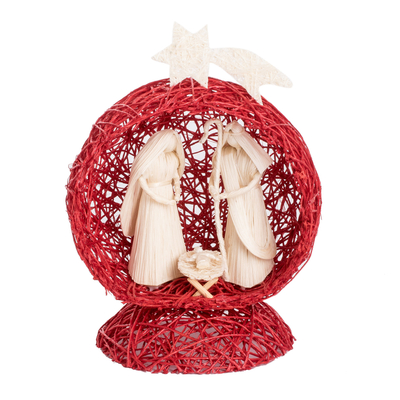 Red Handcrafted Natural Fiber Nativity Scene with Star