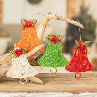 Natural fiber ornaments, 'Joyous Bells' (set of 4) - Handcrafted Natural Fiber Bell Holiday Ornaments (Set of 4)