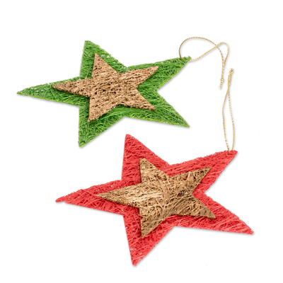 Natural fiber holiday ornaments, 'Textured Stars' (set of 4) - Handcrafted Natural Fiber Star Holiday Ornaments (Set of 4)