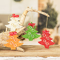 Natural fiber Christmas ornaments, 'Merry Trees' (set of 4) - Handcrafted Natural Fiber Holiday Tree Ornaments (Set of 4)