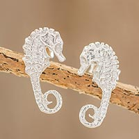 Sterling silver button earrings, 'Ocean Seahorse' - Handcrafted Sterling Silver Seahorse Button Earrings