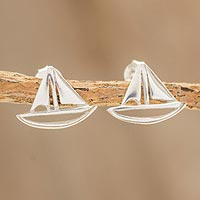 Sterling silver button earrings, 'Full Sail' - Handcrafted Sterling Silver Sailboat Button Earrings
