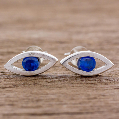 Sterling silver button earrings, 'Beautiful Baby Blues' - Handcrafted Sterling Silver Blue Eyed Button Earrings