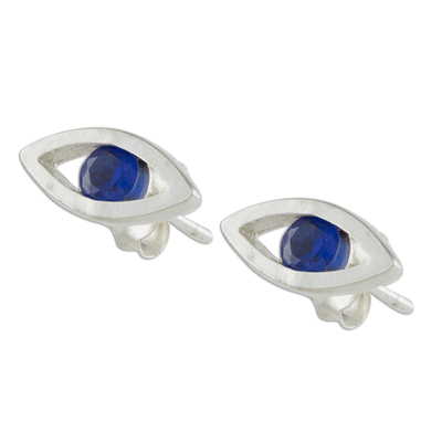 Knopfohrringe aus Sterlingsilber - Handgefertigte Ohrringe mit blauen Augenknöpfen aus Sterlingsilber