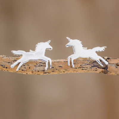 Sterling silver button earrings, 'Playful Unicorn' - Handcrafted Sterling Silver Playful Unicorn Button Earrings