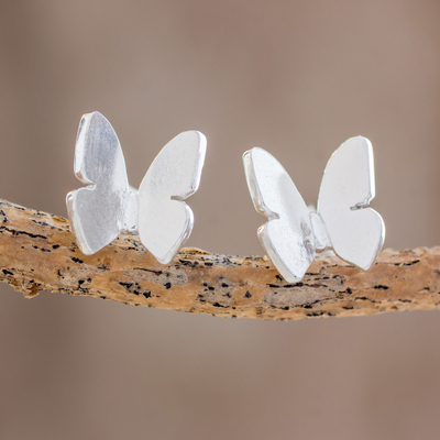 Sterling silver button earrings, 'Butterfly Repose' - Handcrafted Sterling Silver Butterfly Button Earrings