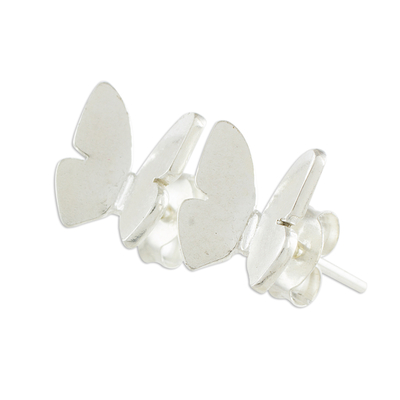 Sterling silver button earrings, 'Butterfly Repose' - Handcrafted Sterling Silver Butterfly Button Earrings