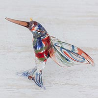 Blown glass figurine, 'Color in Motion' - Handcrafted Colorful Hummingbird Blown Glass Figurine