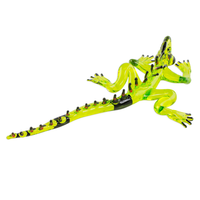 Blown glass figurine, 'Iguana's Stare in Green' - Handcrafted Green Iguana with Red Spines Glass Figurine