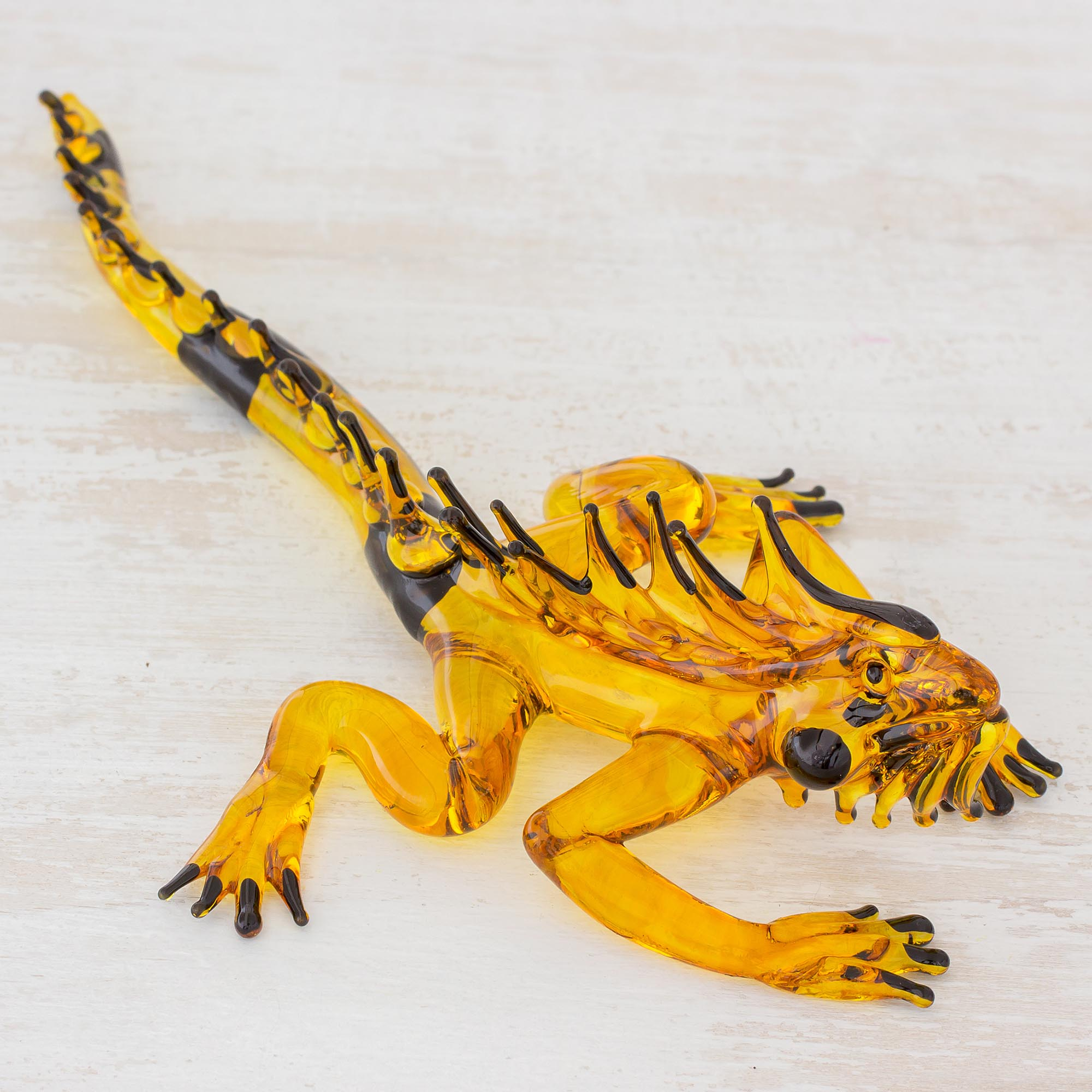 Handcrafted Black Spined Yellow Iguana Art Glass Figurine