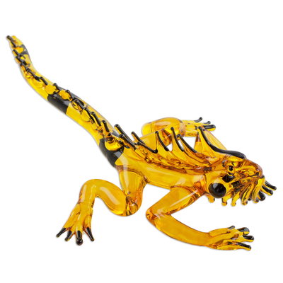 Art glass figurine, 'Iguana's Stare in Yellow' - Handcrafted Black Spined Yellow Iguana Art Glass Figurine