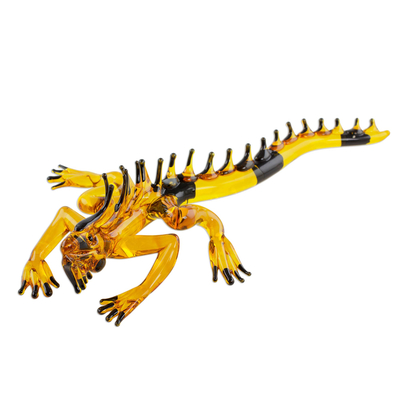 Art glass figurine, 'Iguana's Stare in Yellow' - Handcrafted Black Spined Yellow Iguana Art Glass Figurine
