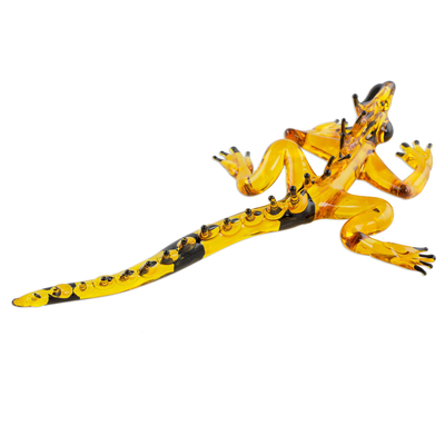 Kunst-Glasfigur, 'Gelber Blick des Leguan' - Handgefertigte schwarz bedornte gelbe Leguan-Kunst-Glasfigur