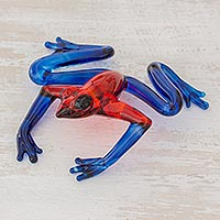 Art glass figurine, 'Poison Dart Frog' - Handcrafted Red and Blue Dart Frog Art Glass Figurine