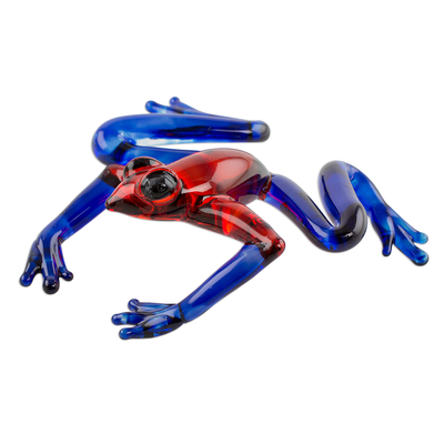 Handcrafted Red and Blue Dart Frog Art Glass Figurine