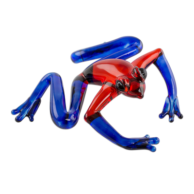 Figura de vidrio de arte, 'Rana dardo venenosa' - Figura de vidrio de arte de rana dardo roja y azul hecha a mano