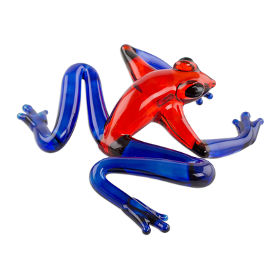 Figura de vidrio de arte, 'Rana dardo venenosa' - Figura de vidrio de arte de rana dardo roja y azul hecha a mano