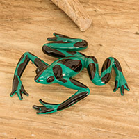 Art glass figurine, 'Poison Arrow Frog' - Handcrafted Green and Black Dart Frog Art Glass Figurine