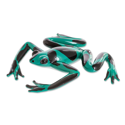 Handcrafted Green and Black Dart Frog Art Glass Figurine