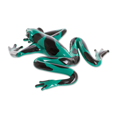 Art glass figurine, 'Poison Arrow Frog' - Handcrafted Green and Black Dart Frog Art Glass Figurine