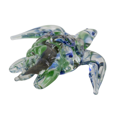 Art glass figurine, 'Marine Turtle in Green' - Handcrafted Green and Blue Sea Turtle Art Glass Figurine