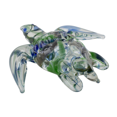 Kunstglasfigur, 'Meeresschildkröte in Grün'. - Handgefertigte Grüne und Blaue Meeresschildkröte Kunst Glasfigur