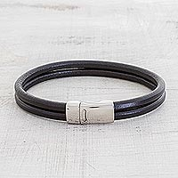 Men's leather wristband bracelet, 'Dapper in Black' - Men's Double Band Black Leather Wristband Bracelet