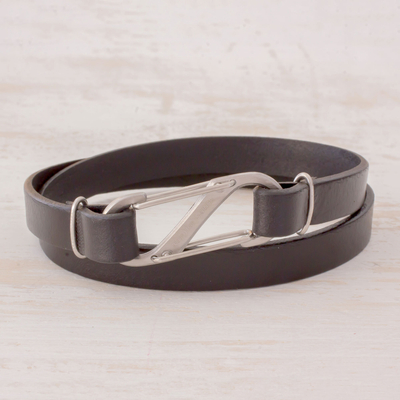 Men's leather wrap bracelet, 'City Nights' - Men's Black Leather Wrap Bracelet with Carabiner Clasp