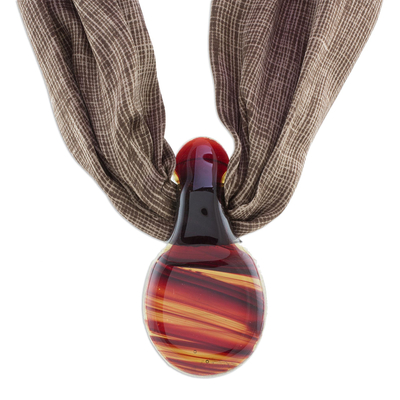 Art glass pendant necklace, 'Distant Terrain' - Earthtones Art Glass Teardrop Pendant Silk Scarf Necklace