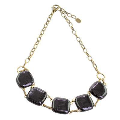 Glass pendant necklace, 'Gleaming Elegance in Black' - Glass Link Pendant Necklace in Black from Costa Rica