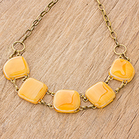 Glass pendant necklace, 'Gleaming Elegance in Orange' - Glass Link Pendant Necklace in Orange from Costa Rica
