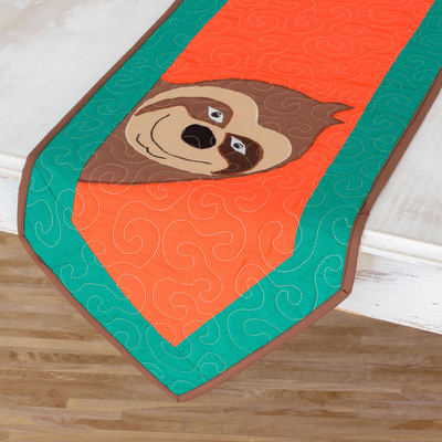 Quilted cotton blend table runner, 'Happy Sloth' - Cotton Blend Sloth Table Runner from Costa Rica