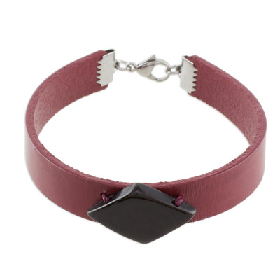 Burgundy Wristband Bracelet with Coconut Shell Pendant