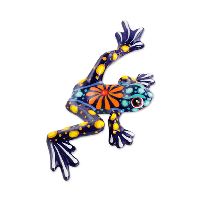 Ceramic figurine, 'Sunlit Pond King' - Blue and Yellow Hand-Painted Ceramic Frog Figurine
