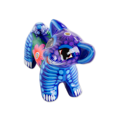 Ceramic figurine, 'Loyal Pup' - Blue and Purple Hand-Painted Ceramic Dog Figurine