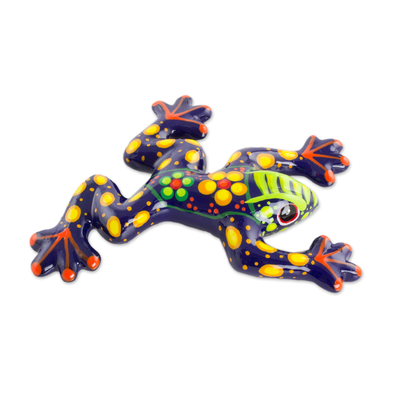 Figura de cerámica, 'El amigo de la naturaleza' - Figura de rana de cerámica pintada a mano con motivo floral multicolor