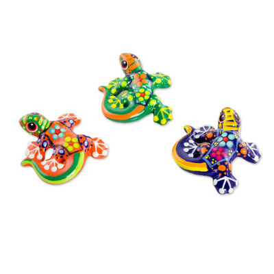 Ceramic figurines, 'Sweet Salamanders' (set of 3) - Colorful Handpainted Ceramic Salamander Figurines (Set of 3)
