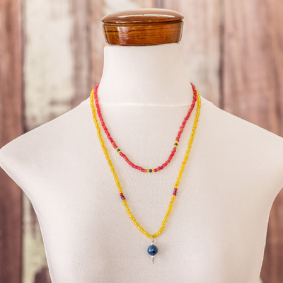 Lapis lazuli and glass beaded pendant necklace, 'Reef' - Lapis Lazuli and Glass Beaded Pendant Necklace
