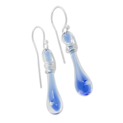 Glass dangle earrings, 'Bubbling Spring' (1.8 inch) - Glass Dangle Earrings in Blue from Costa Rica (1.8 inch)