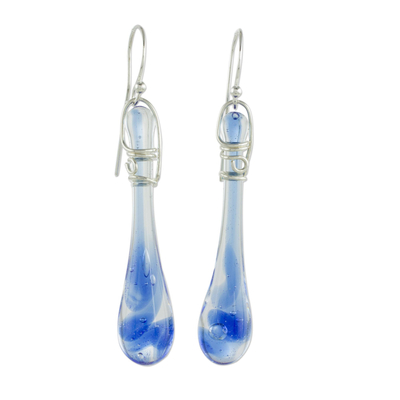 Glass dangle earrings, 'Bubbling Spring' (2 inch) - Glass Dangle Earrings in Blue from Costa Rica (2 inch)