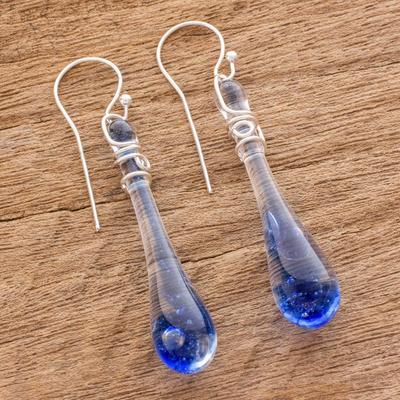 Glass dangle earrings, 'Bubbling Spring' (2 inch) - Glass Dangle Earrings in Blue from Costa Rica (2 inch)