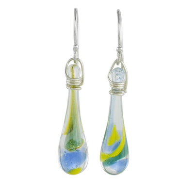 Glass dangle earrings, 'Bubbling Petals' - Colorful Glass Dangle Earrings from Costa Rica