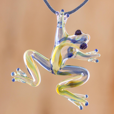 Art glass pendant necklace, 'Pond Frog' - Handmade Glass Frog Pendant Necklace from Costa Rica