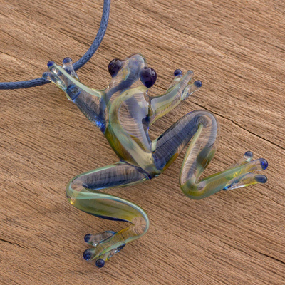 Art glass pendant necklace, 'Pond Frog' - Handmade Glass Frog Pendant Necklace from Costa Rica
