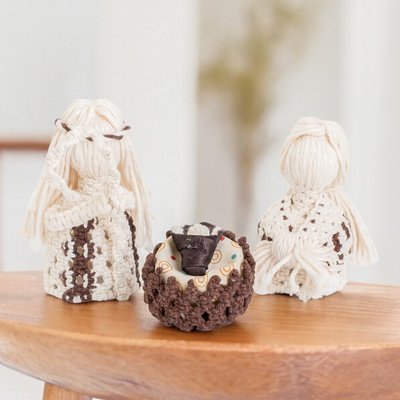 Cotton macrame nativity scene, 'Hopeful Arrival' (4 Pieces) - 4-Piece Handcrafted Cotton Macramé Nativity Scene