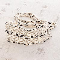 Cotton macramé headband, 'Spiced Vanilla' - Handcrafted Ivory with Brown Stripe Cotton Macramé Headband