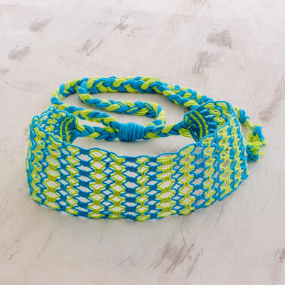 Cotton macramé headband, 'Grassy Shores' - Handcrafted Yellow and Blue Stripe Cotton Macramé Headband